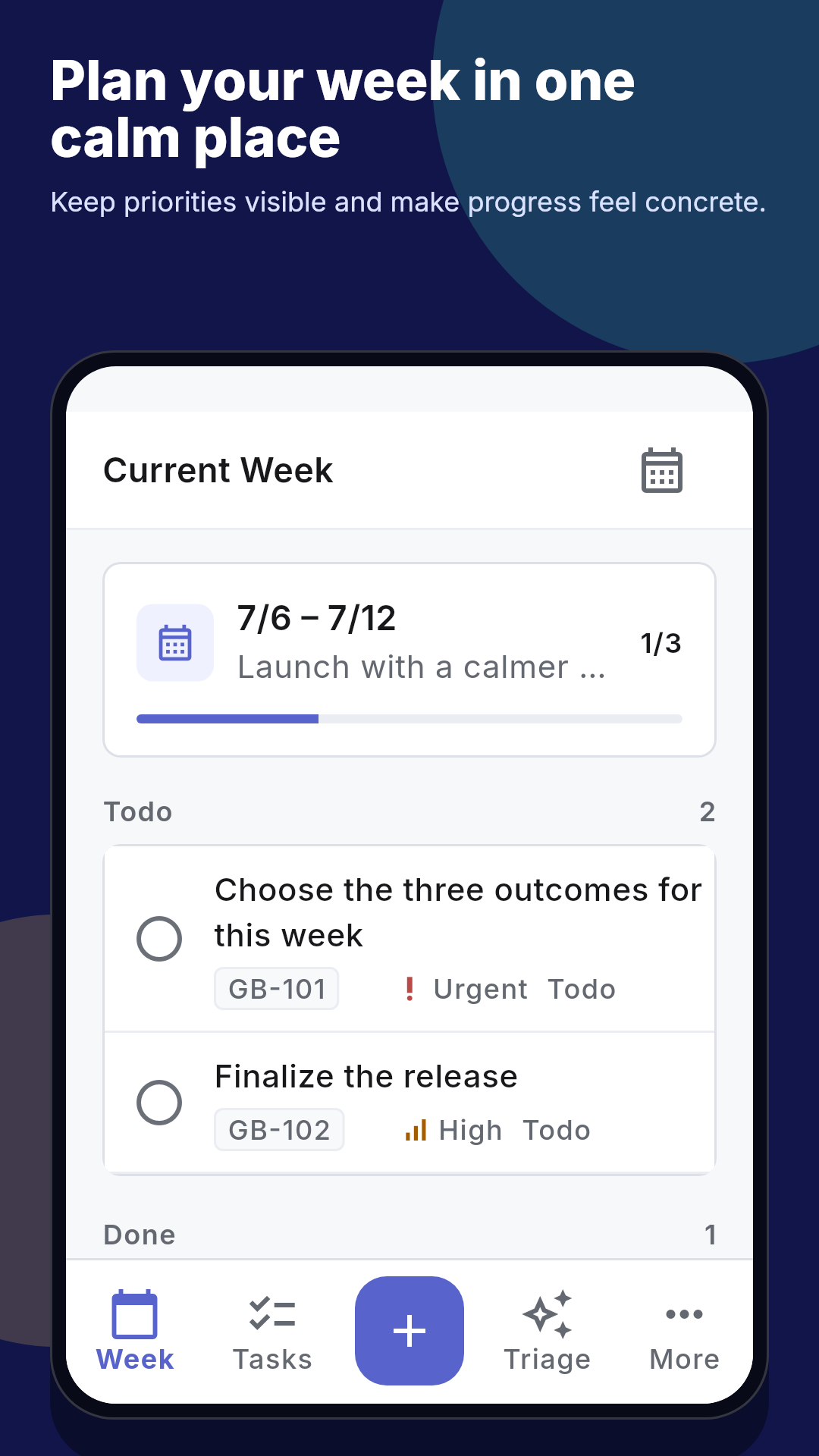 Getsbetter Current Week screen with tasks organized by day